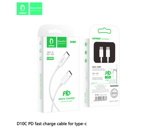  USB-кабель Denmen D10C, Type-C - Type-C, силикон, 1.0 м, круглый, белый, фирменная упаковка 