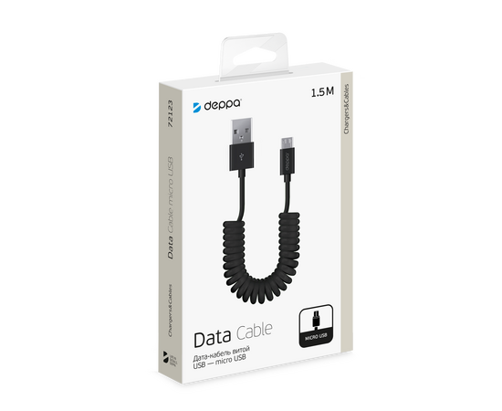  Дата-кабель USB-microUSB, витой, 1.5м, черный, Deppa, 72123 