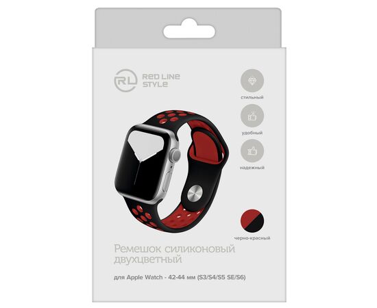  Ремешок силиконовый двухцветный для Apple watch - 42-44 mm (S3/S4/S5 SE/S6), черно-красный 