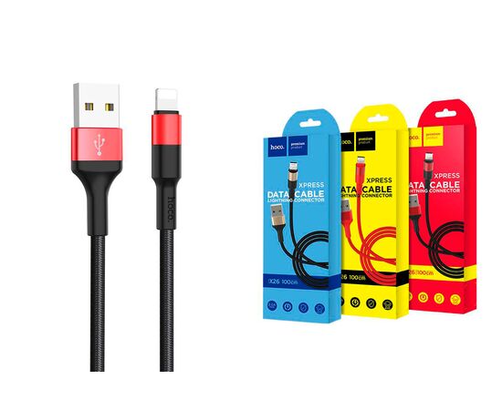  Кабель USB - 8 pin HOCO X26 Xpress, 1.0м, круглый, 2.0A, ткань, цвет: чёрный, красная вставка (1/30/300) 