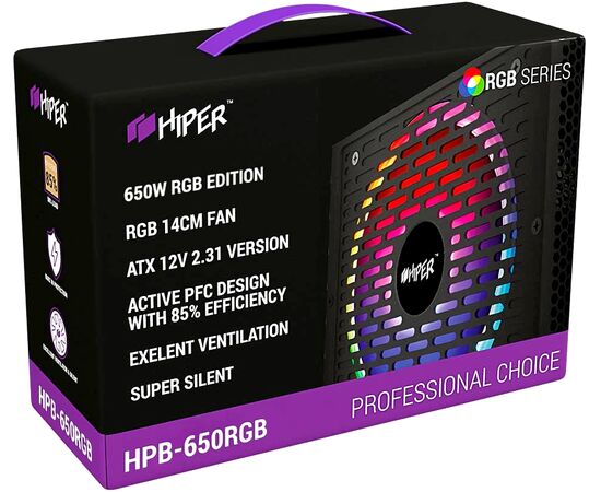  Блок питания HIPER HPB-650RGB (ATX 2.31, 650W, ActivePFC, RGB 140mm fan, Black) BOX 