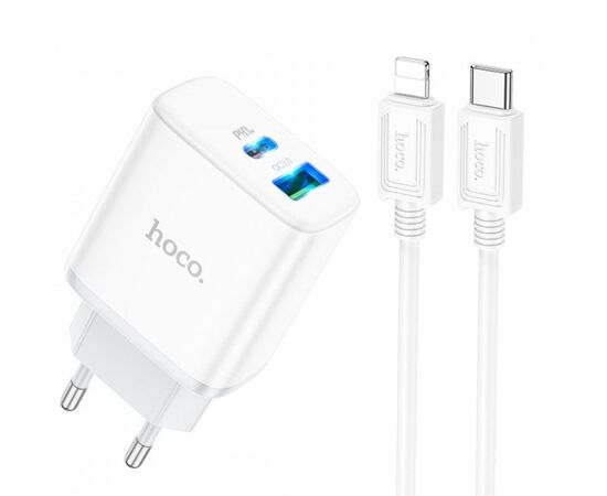  Адаптер Сетевой с кабелем Hoco C105A Stage dual port PD20W+QC3.0 Type-C - iP (white) (214015) 
