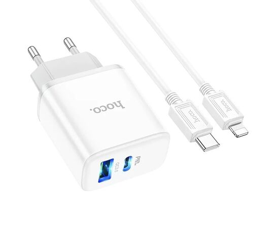  Адаптер Сетевой с кабелем Hoco C105A Stage dual port PD20W+QC3.0 Type-C - iP (white) (214015) 