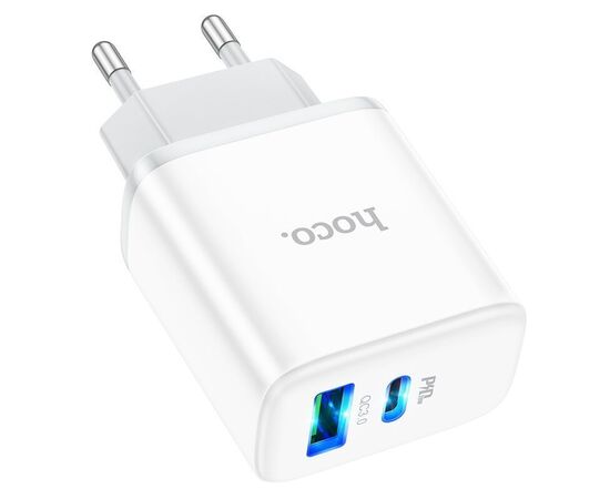  Адаптер Сетевой с кабелем Hoco C105A Stage dual port PD20W+QC3.0 Type-C - iP (white) (214015) 