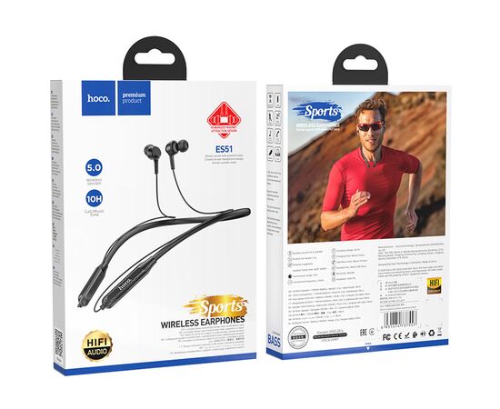  Наушники внутриканальные HOCO ES51 Era sports, Bluetooth, 90 см, 130 мАч, цвет: чёрный (1/100) 