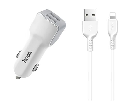  Автомобильное зарядное устройство HOCO Z23 grand style, 2xUSB с Кабелем USB - Lightning, 2.4A, 12W, белый 