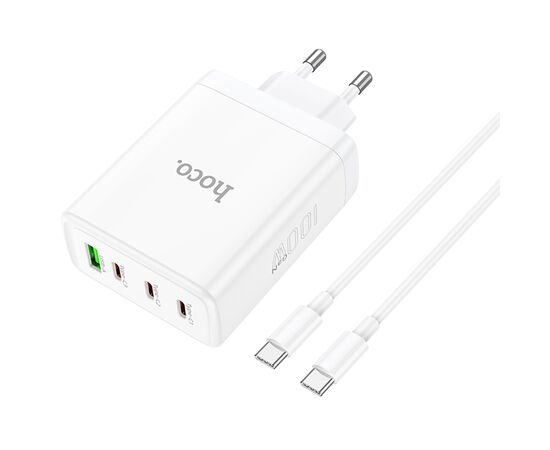  Сетевое зарядное устройство HOCO N31 Leader 1xUSB + 3xUSB-C с Кабелем Type-C - Type-C, 5A, 100W, белый 