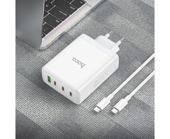  Сетевое зарядное устройство HOCO N31 Leader 1xUSB + 3xUSB-C с Кабелем Type-C - Type-C, 5A, 100W, белый 