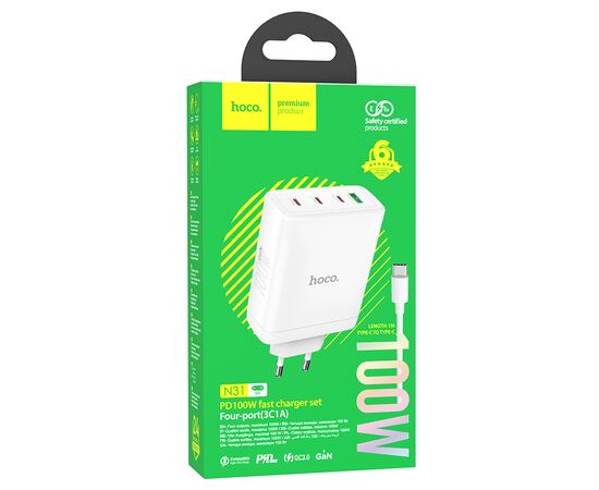  Сетевое зарядное устройство HOCO N31 Leader 1xUSB + 3xUSB-C с Кабелем Type-C - Type-C, 5A, 100W, белый 