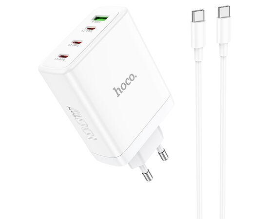  Сетевое зарядное устройство HOCO N31 Leader 1xUSB + 3xUSB-C с Кабелем Type-C - Type-C, 5A, 100W, белый 