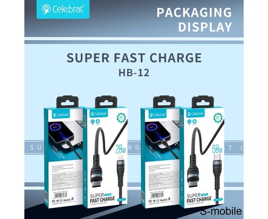  Кабель Celebrat HB-12 Super Fast Charge Type-C to Type-C 1.2m, черный 