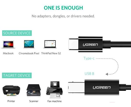  Кабель UGREEN US241 50446 USB-C 2.0 To USB-B 2.0 Print Cable 2m Black 