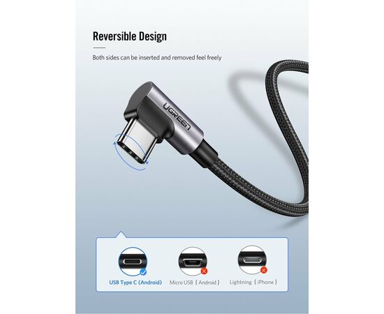  Кабель UGREEN US284 70255 Angled USB-C Male To USB2.0 A Male 3A Data Cable 90°Angle 3m Black 