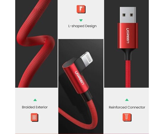  Кабель UGREEN US299 60555 USB-A to Angled Lightning M/M Cable With Braided 1m Red 