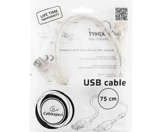  Кабель удлинитель Cablexpert CCF-USB2-AMAF-TR-0.75M USB2.0 Pro, AM/AF, 0,75м, экран, 2 феррит.кольца, прозрачный 