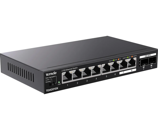  Коммутатор Tenda TEM2010X неуправляемый, 10 портов, RJ-45 8х2,5 Гбит/с, SFP+ 2х10 Гбит/с, настольный, металлический 