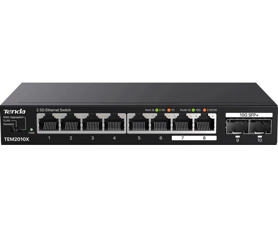  Коммутатор Tenda TEM2010X неуправляемый, 10 портов, RJ-45 8х2,5 Гбит/с, SFP+ 2х10 Гбит/с, настольный, металлический 