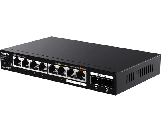  Коммутатор Tenda TEM2010X неуправляемый, 10 портов, RJ-45 8х2,5 Гбит/с, SFP+ 2х10 Гбит/с, настольный, металлический 