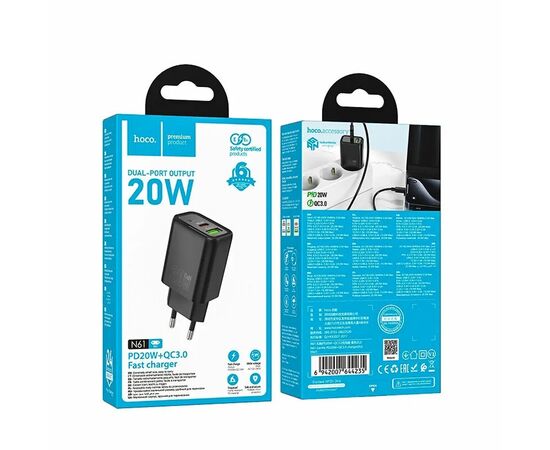  Адаптер Сетевой Hoco N61 Gentle PD20W+QC3.0 USB/Type-C  (black) (238648) 