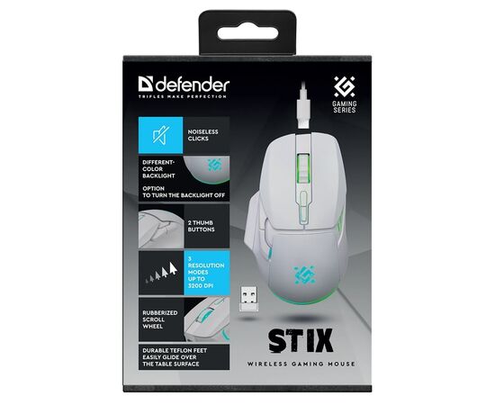  Мышь оптическая беспроводная Defender Stix GM-009 500мАч,3200dpi, игровая (white) (237341) 