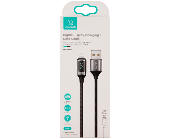  Дата-Кабель USAMS US-SJ543 U78 USB - Lightning, 2,4A (1,2 м), LED дисплей, нейлоновая оплетка, черный (SJ543USB01) 