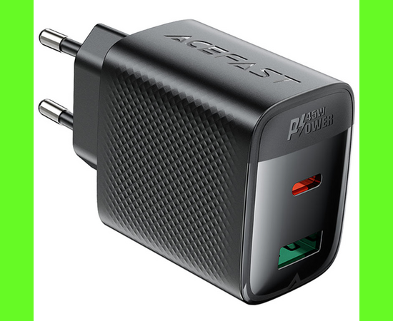  Зарядка ACEFAST A106 PD45W GaN (USB-C+USB-A) charger, Black (EU) 