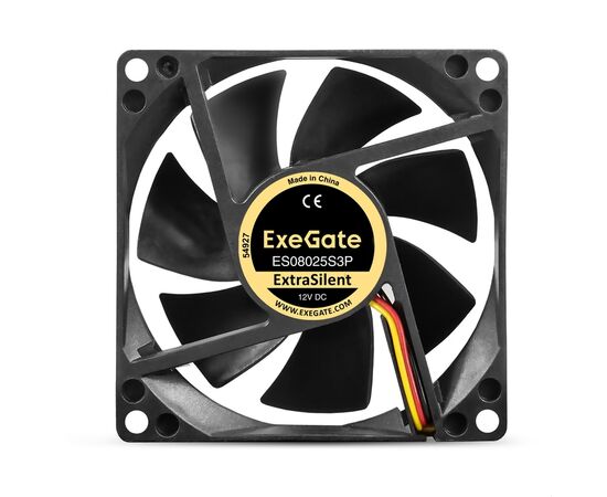 Вентилятор Exegate 12В DC ExtraSilent ES08025S3P EX297043RUS (80x80x25 мм, Sleeve bearing (подшипник скольжения), 3pin, 2100RPM, 21dBA) 