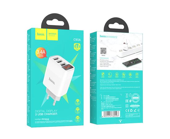  Зарядка hoco C93A Easy charge 3-port digital display charger (EU) 