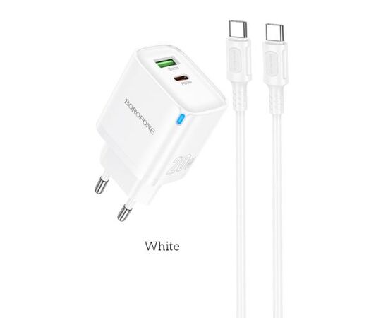  BOROFONE BA83A/ Сетевое  зарядное  устройство + Кабель Type-C-Type-C/ PD + QC 3.0/ 2 USB/ 20W/ Цвет Белый 